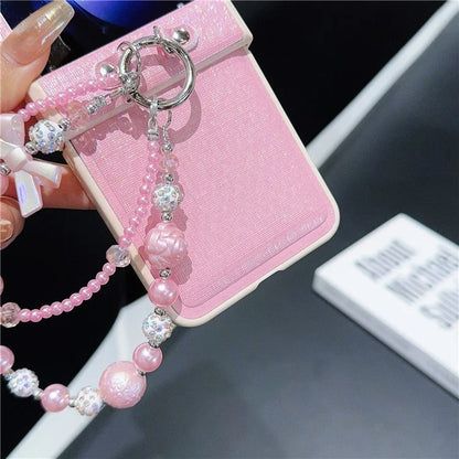 For Samsung Galaxy Z Flip6 5G Case Hinge Protection Leather+PC Phone Cover with Beaded Strap