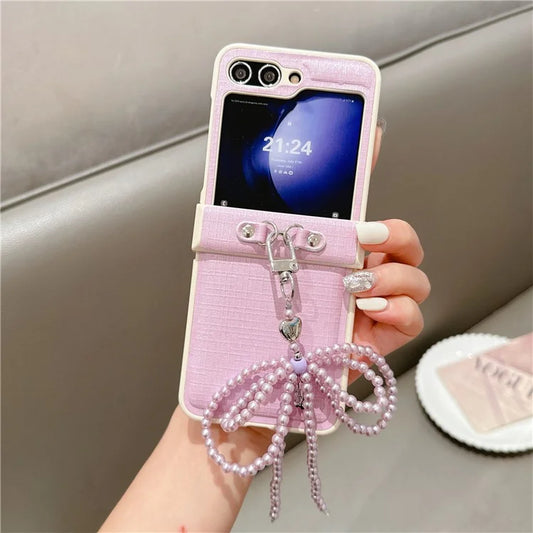 For Samsung Galaxy Z Flip6 5G Case Hinge Protection Leather+PC Phone Cover with Bow Beaded Strap