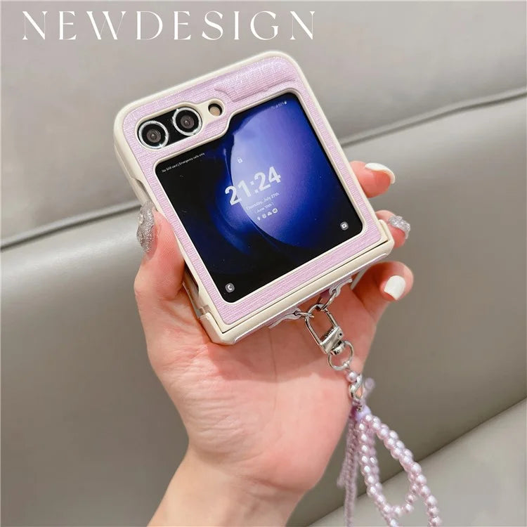 For Samsung Galaxy Z Flip6 5G Case Hinge Protection Leather+PC Phone Cover with Bow Beaded Strap
