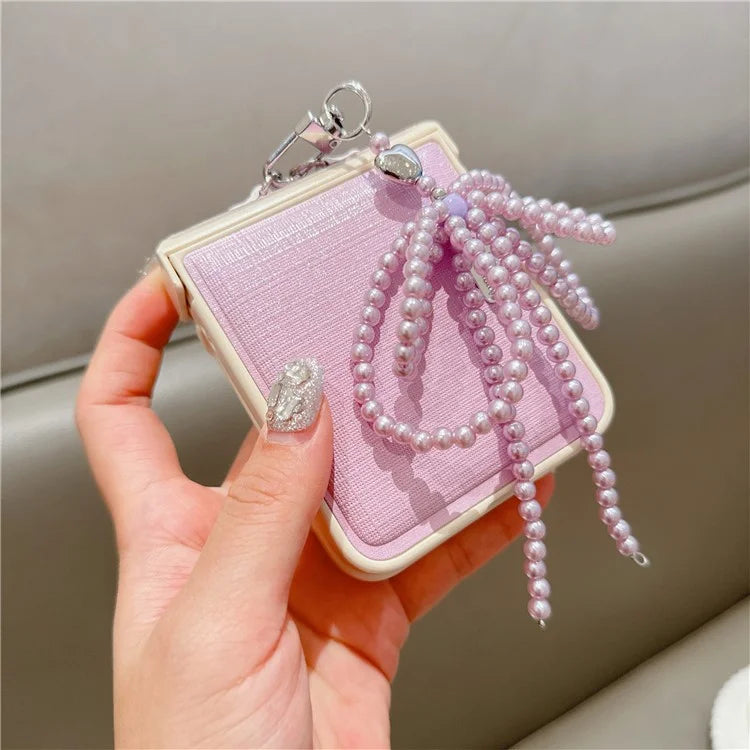 For Samsung Galaxy Z Flip6 5G Case Hinge Protection Leather+PC Phone Cover with Bow Beaded Strap