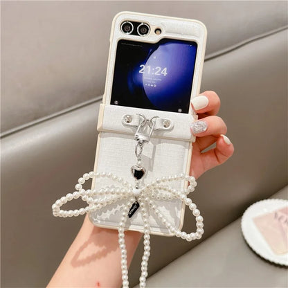 For Samsung Galaxy Z Flip6 5G Case Hinge Protection Leather+PC Phone Cover with Bow Beaded Strap