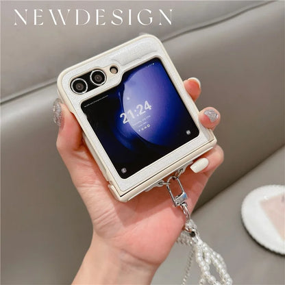For Samsung Galaxy Z Flip6 5G Case Hinge Protection Leather+PC Phone Cover with Bow Beaded Strap