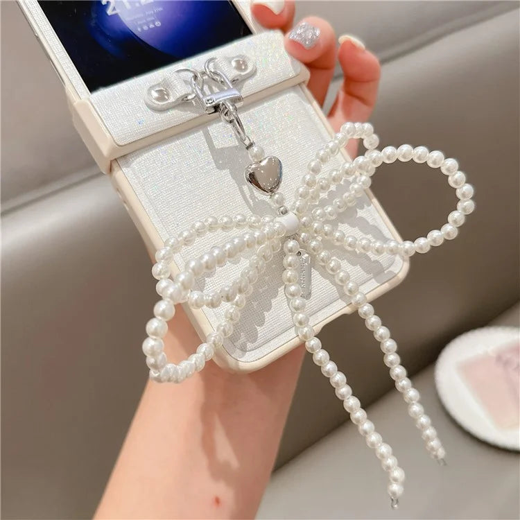 For Samsung Galaxy Z Flip6 5G Case Hinge Protection Leather+PC Phone Cover with Bow Beaded Strap