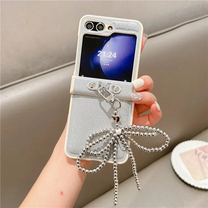 For Samsung Galaxy Z Flip6 5G Case Hinge Protection Leather+PC Phone Cover with Bow Beaded Strap