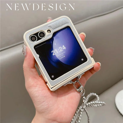 For Samsung Galaxy Z Flip6 5G Case Hinge Protection Leather+PC Phone Cover with Bow Beaded Strap