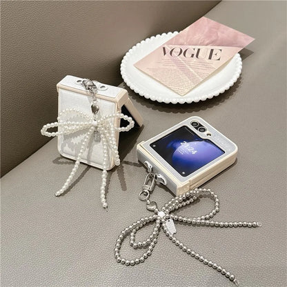 For Samsung Galaxy Z Flip6 5G Case Hinge Protection Leather+PC Phone Cover with Bow Beaded Strap