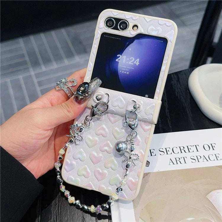 For Samsung Galaxy Z Flip6 5G Case Bubble Heart Leather+PC Phone Cover with Beaded Strap