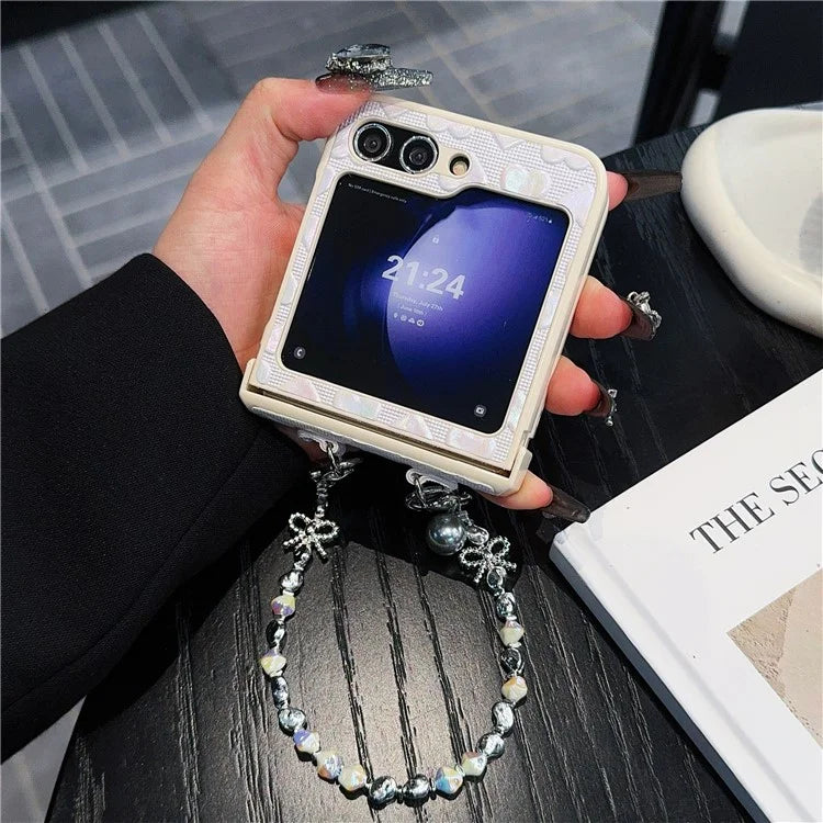 For Samsung Galaxy Z Flip6 5G Case Bubble Heart Leather+PC Phone Cover with Beaded Strap