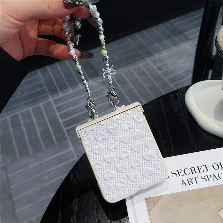 For Samsung Galaxy Z Flip6 5G Case Bubble Heart Leather+PC Phone Cover with Beaded Strap