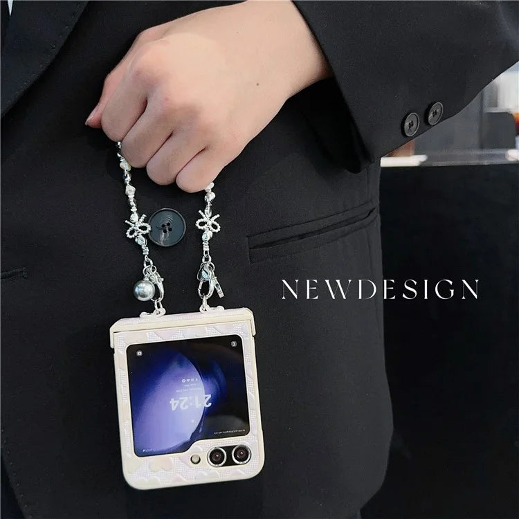 For Samsung Galaxy Z Flip6 5G Case Bubble Heart Leather+PC Phone Cover with Beaded Strap