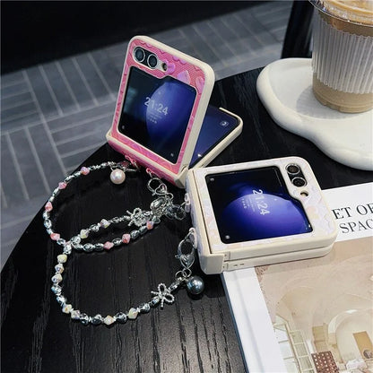 For Samsung Galaxy Z Flip6 5G Case Bubble Heart Leather+PC Phone Cover with Beaded Strap