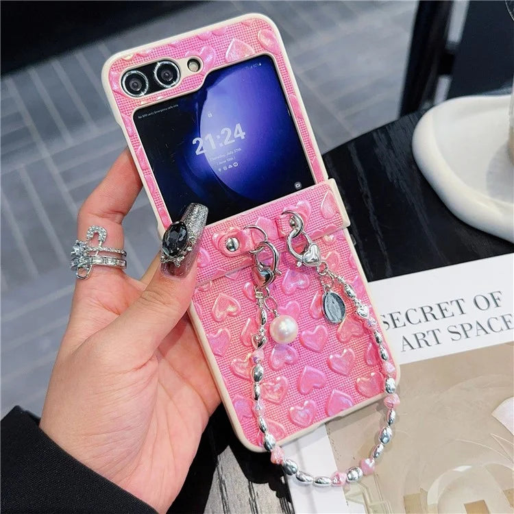 For Samsung Galaxy Z Flip6 5G Case Bubble Heart Leather+PC Phone Cover with Beaded Strap