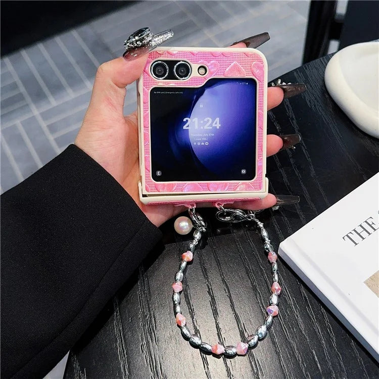For Samsung Galaxy Z Flip6 5G Case Bubble Heart Leather+PC Phone Cover with Beaded Strap