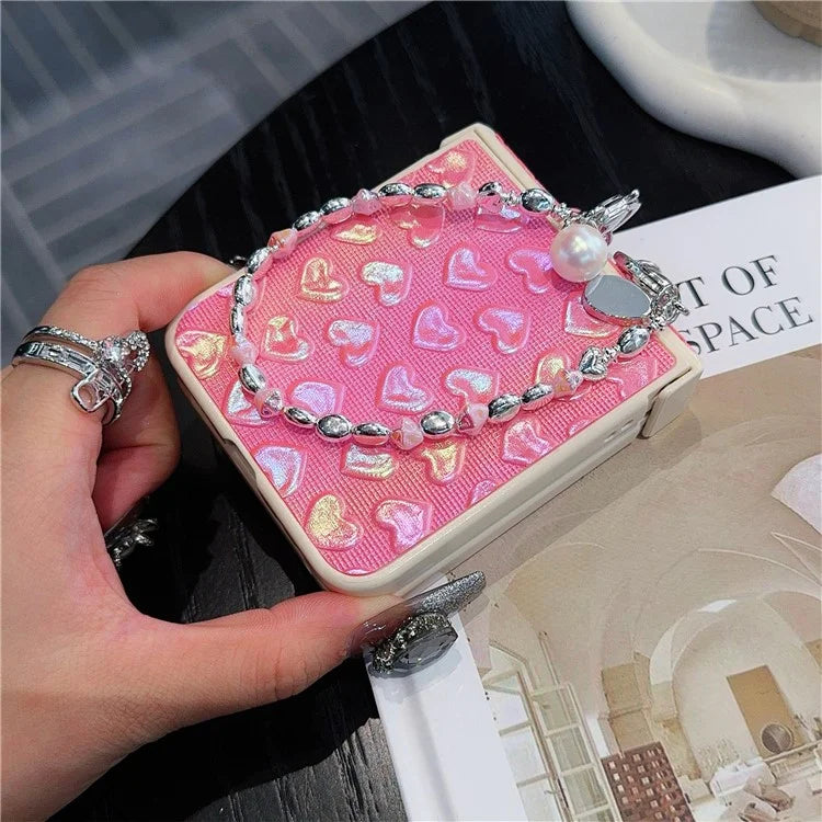 For Samsung Galaxy Z Flip6 5G Case Bubble Heart Leather+PC Phone Cover with Beaded Strap