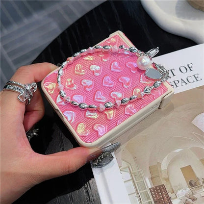 For Samsung Galaxy Z Flip6 5G Case Bubble Heart Leather+PC Phone Cover with Beaded Strap