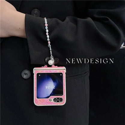 For Samsung Galaxy Z Flip6 5G Case Bubble Heart Leather+PC Phone Cover with Beaded Strap