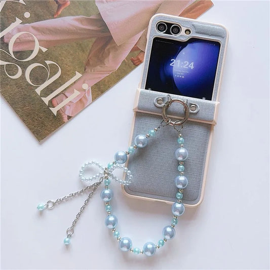 For Samsung Galaxy Z Flip6 5G Case Hinge Protection Leather+PC Phone Cover with Beaded Phone Charm
