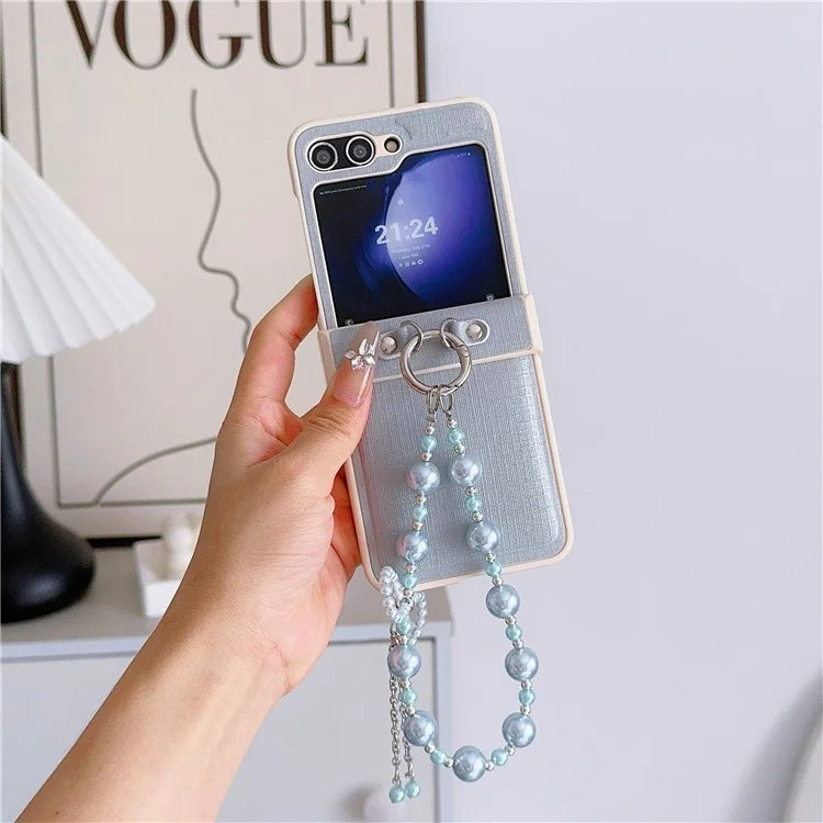 For Samsung Galaxy Z Flip6 5G Case Hinge Protection Leather+PC Phone Cover with Beaded Phone Charm