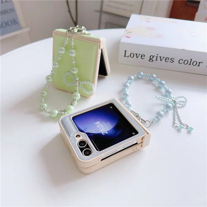 For Samsung Galaxy Z Flip6 5G Case Hinge Protection Leather+PC Phone Cover with Beaded Phone Charm