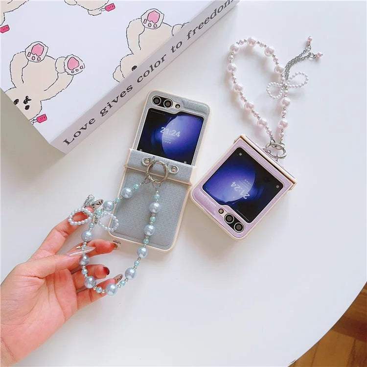 For Samsung Galaxy Z Flip6 5G Case Hinge Protection Leather+PC Phone Cover with Beaded Phone Charm