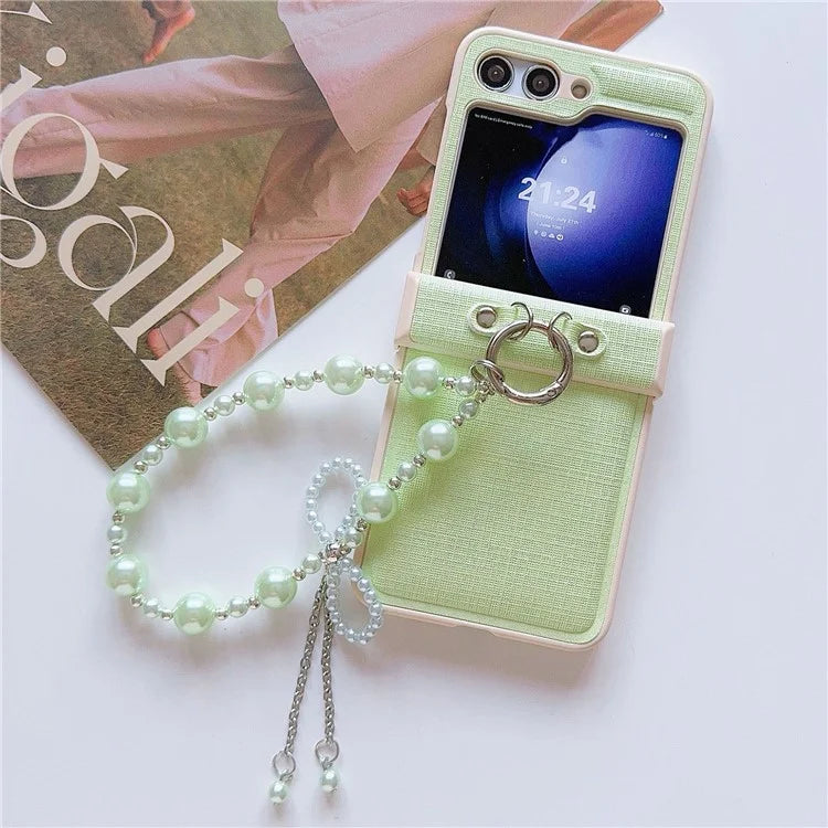 For Samsung Galaxy Z Flip6 5G Case Hinge Protection Leather+PC Phone Cover with Beaded Phone Charm
