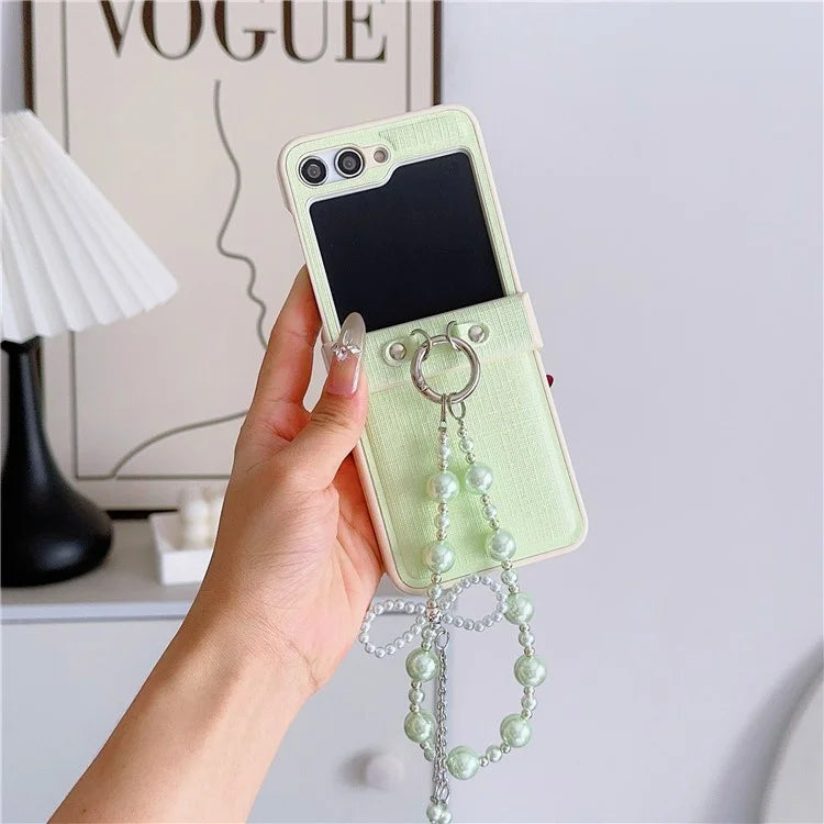 For Samsung Galaxy Z Flip6 5G Case Hinge Protection Leather+PC Phone Cover with Beaded Phone Charm