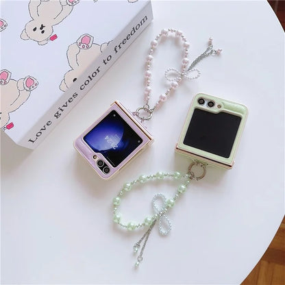 For Samsung Galaxy Z Flip6 5G Case Hinge Protection Leather+PC Phone Cover with Beaded Phone Charm