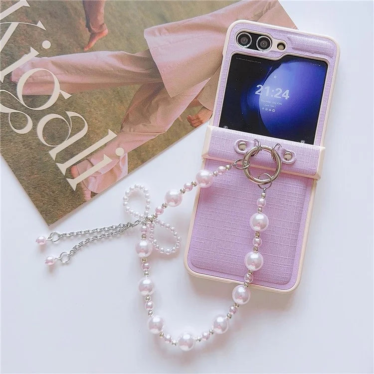 For Samsung Galaxy Z Flip6 5G Case Hinge Protection Leather+PC Phone Cover with Beaded Phone Charm