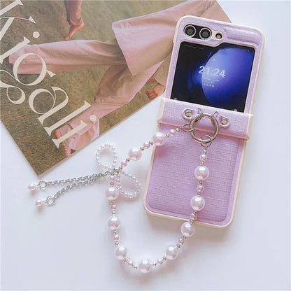 For Samsung Galaxy Z Flip6 5G Case Hinge Protection Leather+PC Phone Cover with Beaded Phone Charm