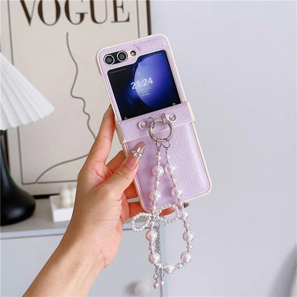 For Samsung Galaxy Z Flip6 5G Case Hinge Protection Leather+PC Phone Cover with Beaded Phone Charm
