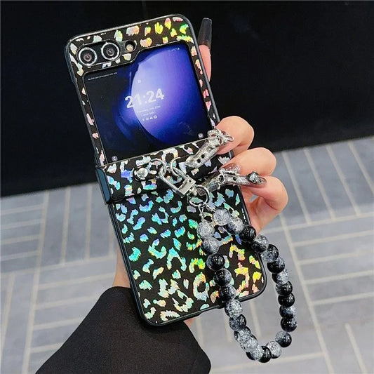 For Samsung Galaxy Z Flip6 5G Case Leopard Print Leather+PC Phone Cover with Beaded Strap