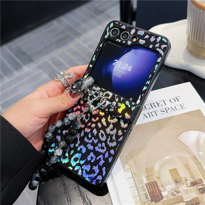 For Samsung Galaxy Z Flip6 5G Case Leopard Print Leather+PC Phone Cover with Beaded Strap