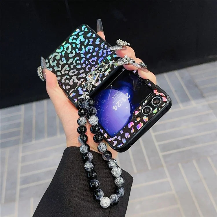 For Samsung Galaxy Z Flip6 5G Case Leopard Print Leather+PC Phone Cover with Beaded Strap