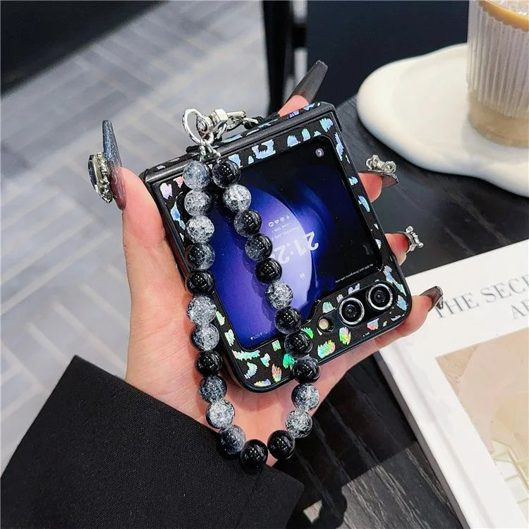 For Samsung Galaxy Z Flip6 5G Case Leopard Print Leather+PC Phone Cover with Beaded Strap