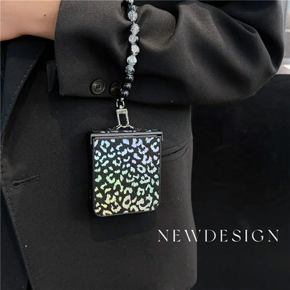 For Samsung Galaxy Z Flip6 5G Case Leopard Print Leather+PC Phone Cover with Beaded Strap