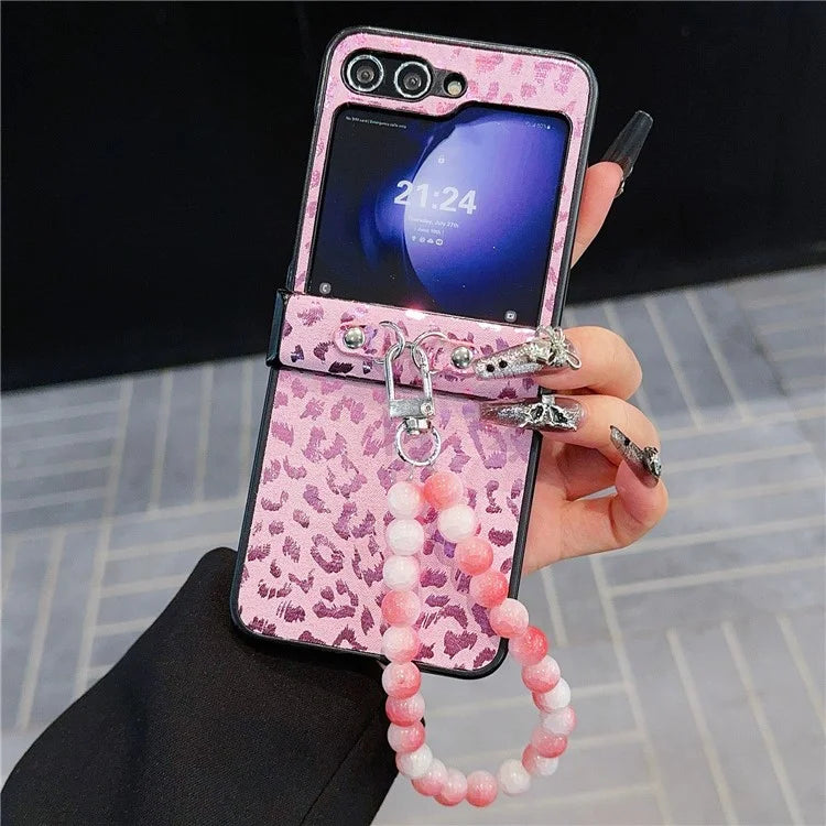 For Samsung Galaxy Z Flip6 5G Case Leopard Print Leather+PC Phone Cover with Beaded Strap