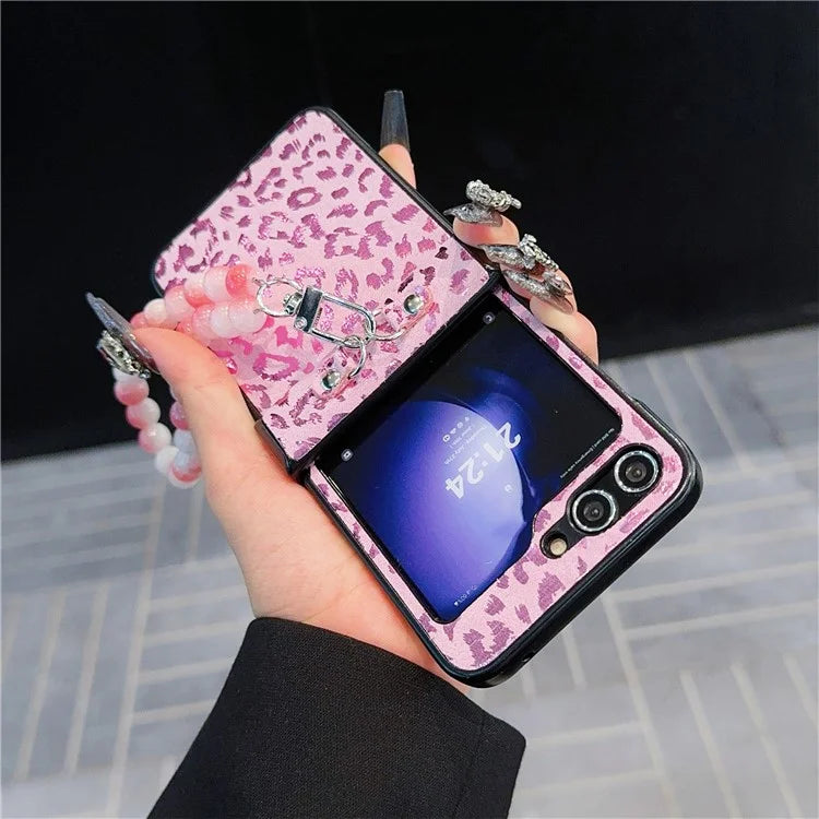 For Samsung Galaxy Z Flip6 5G Case Leopard Print Leather+PC Phone Cover with Beaded Strap