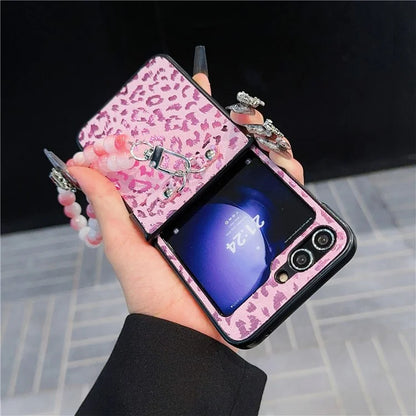 For Samsung Galaxy Z Flip6 5G Case Leopard Print Leather+PC Phone Cover with Beaded Strap