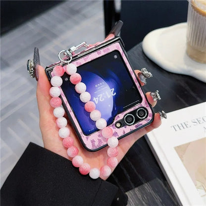 For Samsung Galaxy Z Flip6 5G Case Leopard Print Leather+PC Phone Cover with Beaded Strap