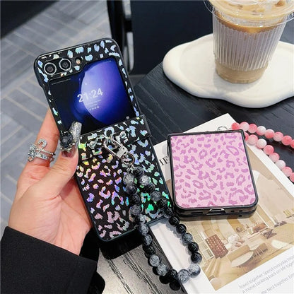 For Samsung Galaxy Z Flip6 5G Case Leopard Print Leather+PC Phone Cover with Beaded Strap