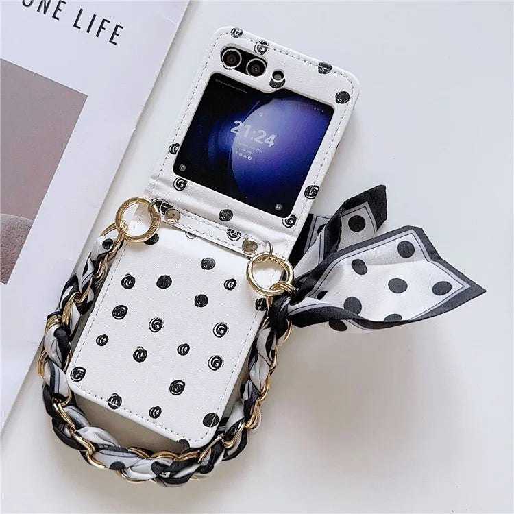 For Samsung Galaxy Z Flip6 5G Case Pattern Leather+PC Phone Cover with Scarf Handle Strap