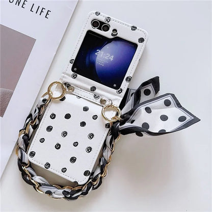 For Samsung Galaxy Z Flip6 5G Case Pattern Leather+PC Phone Cover with Scarf Handle Strap