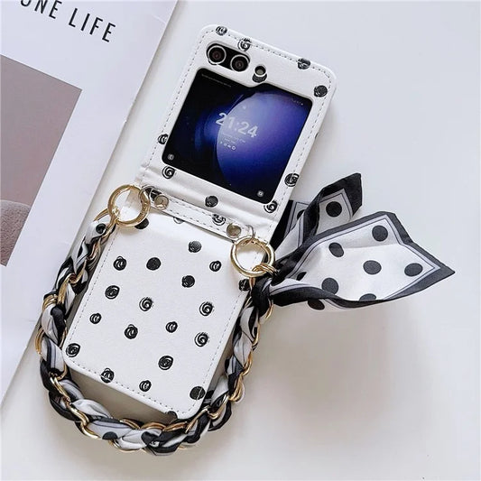 For Samsung Galaxy Z Flip6 5G Case Pattern Leather+PC Phone Cover with Scarf Handle Strap