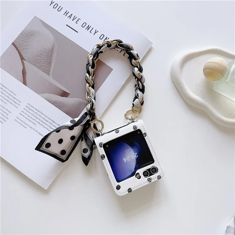 For Samsung Galaxy Z Flip6 5G Case Pattern Leather+PC Phone Cover with Scarf Handle Strap
