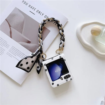 For Samsung Galaxy Z Flip6 5G Case Pattern Leather+PC Phone Cover with Scarf Handle Strap
