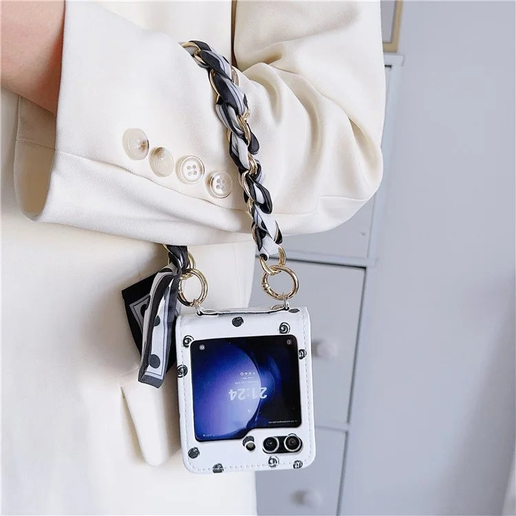 For Samsung Galaxy Z Flip6 5G Case Pattern Leather+PC Phone Cover with Scarf Handle Strap