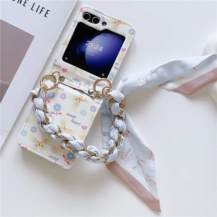 For Samsung Galaxy Z Flip6 5G Case Pattern Leather+PC Phone Cover with Scarf Handle Strap