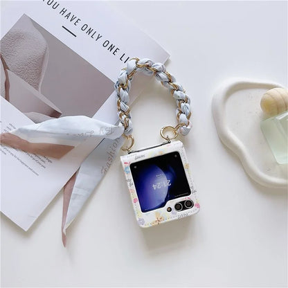 For Samsung Galaxy Z Flip6 5G Case Pattern Leather+PC Phone Cover with Scarf Handle Strap