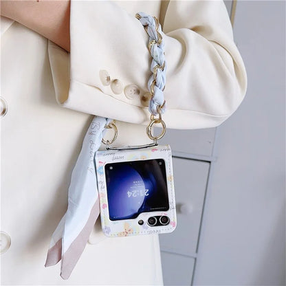For Samsung Galaxy Z Flip6 5G Case Pattern Leather+PC Phone Cover with Scarf Handle Strap