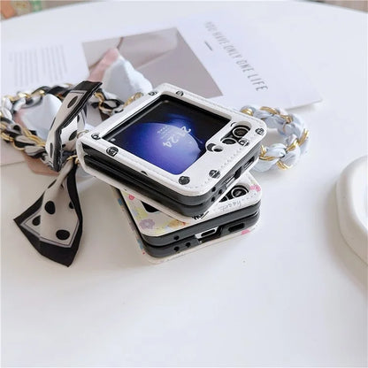 For Samsung Galaxy Z Flip6 5G Case Pattern Leather+PC Phone Cover with Scarf Handle Strap